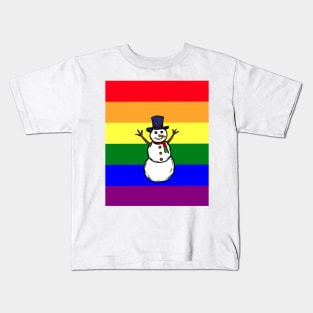 A hand drawn of a gay snowman on rainbow pride flag background, Kids T-Shirt